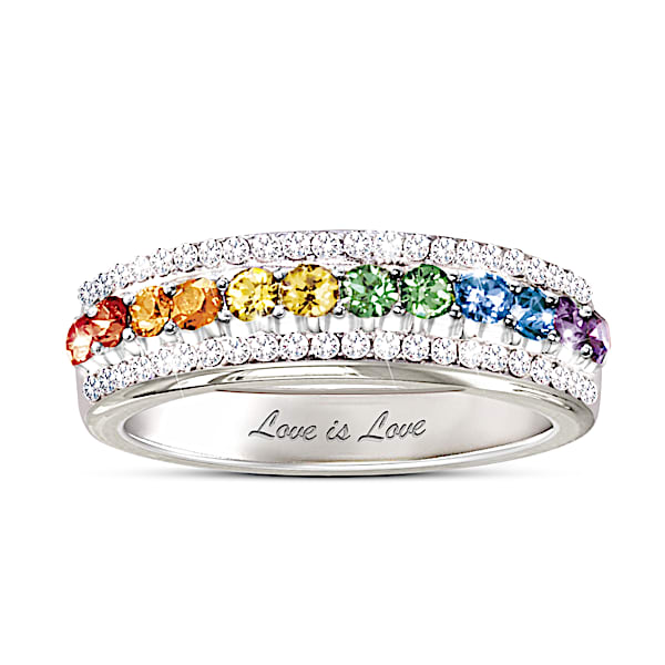 Ladies Pride Sterling Silver Rhodium Plated LGBTQ Pride Ring Adorned With 12 Rainbow Hued Swarovski Crystals That Pay Tribute To The Pride Flag